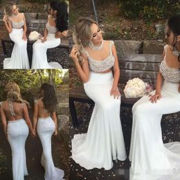 Bridesmaid Beaded Dresses Piece Two Mermaid Chiffon Illusion Back Long Maid Of Honor Gown Custom Made Jewel Neck Formal Evening Wear