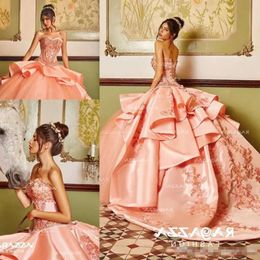 Dresses Crystals 2021 Coral Light Quinceanera Beaded Sweetheart Neckline Ruffles Embroidery Satin Tulle Prom Ball Gown Vestidos