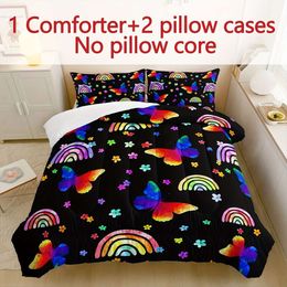 Duvet Cover Colourful Butterfly for Boys Girls Teen Room Neon Rainbow Flower Tie-Dye Gradient Beauty 3D Quilt Bedroom Decoration 1 Comforter Set 2 Pillowcases