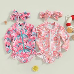 Swimwear Citgeett Summer Kids Girls Swimsuit Bodysuit Flamingo/Flower Print Zipper Long Sleeve Bathing Suit with Headwear