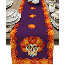 Pads Halloween Flowers Skull Linen Table Runners Holiday Party Decorations Washable Dining Table Runners Dresser Scarves Table Decor