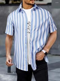 Men's Casual Shirts Shirt Top Vertical Striped Camp Collar Bowling Short Sleeve Closure Male Button Up For Daily Vacation