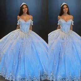 Blue Dresses Beaded Quinceanera Applique Sky Lace Spaghetti Straps Tiered Tulle Crystals Custom Made Prom Princess Sweet 16 Birthday Party Gown Vestidos