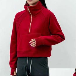Yoga Outfits Lu-99 Women Fitness Hoodies Runing Jacket Ladies Sport Half Zipper Sweatshirt Thick Loose Short Style Coat With Fleece T Dhks7