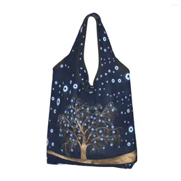 Storage Bags Funny Charm Tree Gold On Dark Blue Shopping Tote Bag Portable Amulet Nazar Evil Eye Groceries Shoulder Shopper