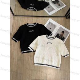 Designer women's Tshirt Knitted sweater 2024 early spring new product age reducing fashionable contrasting Colour letters embroidered round neck short sleeved top