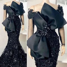 Designer Dresses Black Mermaid Evening Beaded 3D Floral Applique Crystals Off The Shoulder Custom Made Big Bow Satin Prom Party Gown