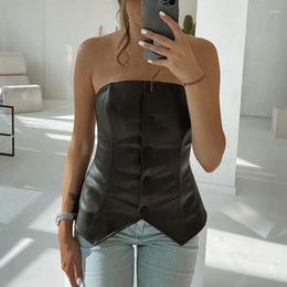 Women's Tanks Nvzhuang Womens Sexy Corset Crop Tops Strapless Solid Colour Button Down PU Leather Bustier Tube Top Summer Going Out Tank