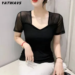 Women's T Shirts Summer Short Sleeved Fashion Casual Square Collar Beading Tees Sexy Girl Mesh Leopard Print Tops Clothes