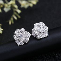 Elegant Flower Lab Diamond Stud Earring Real 925 sterling silver Jewellery 24K Gold Party Wedding Earrings for Women Bridal 239P