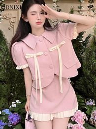 Work Dresses 2024 Summer Elegant Women's Short Skirt Sets Korean Puff Sleeve Pink Sweet Chic A-line Fashion Two Piece Set