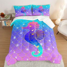 Duvet Cover 3pcs Modern Fashion Set (1*Comforter + 2*Pillowcase, Without Core), Color Rainbow Mermaid Scale Seahorse Print Bedding Set, Soft Comfortable And Skin-friendly