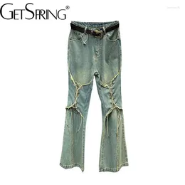 Women's Jeans Women 2024 Autumn High Waist Belt Decoration Tie Rope Designer Vintage Long Denim Pants Fashion Trousers