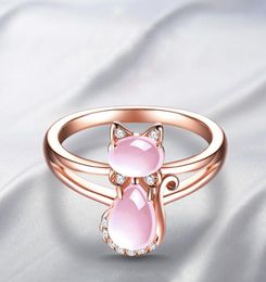 Cute Animal Rose Gold Colour Cat Ring for Women Girls Pink Crystal Stone Kitten Finger Ring Open Adjustable Jewellery Gifts anillos4811102