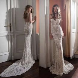 Berta Sheer Wedding Dresses Lace Sexy Mermaid Sweetheart Neck Backless Bridal Gowns Appliqued Sweep Train Pearls Vestidos De Noiva