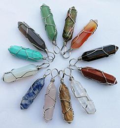 Natural mixed Stone Pendant for Necklace charm Handmade Wire Jewelry Quartz Crystal Tiger Eye Rose Stone Pendants 24pc2119665