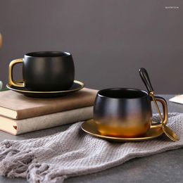 Mugs Luxury Black Gold Ceramic Coffee Cup Espresso Tea Breakfast Milk And Saucer Set With Spoon Gift Box