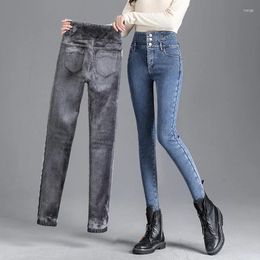 Women's Jeans Women Stretch Button Pencil Pants Mom Casual Velvet High-quality Winter Thick Fleece High-waist Warm Skinny