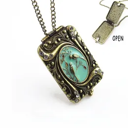 Pendant Necklaces Womens Necklace Chic Vintage Style Ethnic Engraved Flower Chinese Paint Birds Stone Locket Chain Metal Long