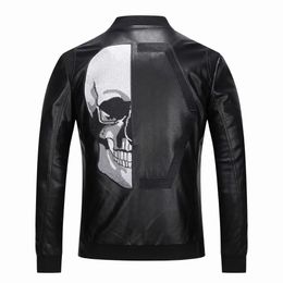 Plein Brand Men's PP Skull Autumn Winter Embroidery Leather Faux Leather Faur Jacket Thick Baseball Collar Long-sleeve Outerwear Coat Simulation Motorcycle