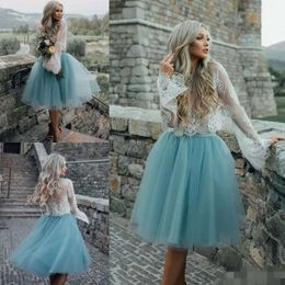 Vestido de praia de verão 2019 dama de honra Tulle azul de renda branca Mangas compridas Vestido de festa de convidado de casamento curto de honra