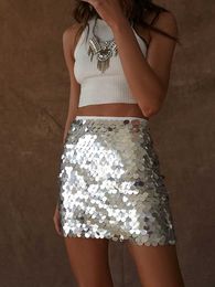 Skirts Women Glitter Mini Skirt High Waist Disco Sequin Club Wrap Hip Skirt Performance Clubwear