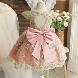 Dresses Backless Bow Baby Dresses for Girls Birthday Party Tutu Gown 15Yrs Toddler Kids Embroidery Flower Elegant Wedding Baptism Dress