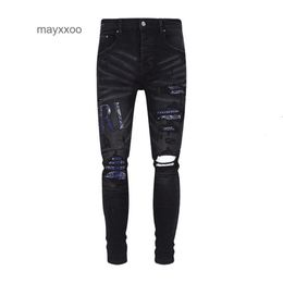 Purple Jean Amiiris Designer Jeans Mens Mens Fashion Masdy Fashion Letter, вышитая кешью цветочный цветок, NZEV