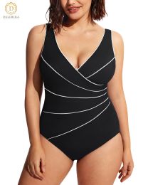 Suits DELIMIRA Women's Slimming Swimwear One Piece Piped Swimsuit Plus Size Bathing Suit