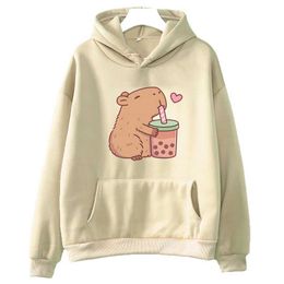 Men's Hoodies Sweatshirts Kawaii Bubble Tea Capybara Sweatshirt Womens/Mens Funny Graphic Hoodie Unisex Autumn/Winter Clothing Harajuku Q240506