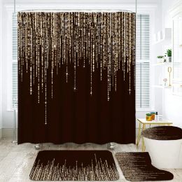 Curtains Black Golden Shiny Glitter Printed Shower Curtain Set Modern Fabric Bathroom Curtains and NonSlip Bath Mat Toilet Cover Decor