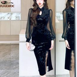 Casual Dresses Year Christmas French Design Party Dress Elegant Evening Retro Vintage Qipao Stand Split Slim Fit Wrap Hip Sexy Mesh