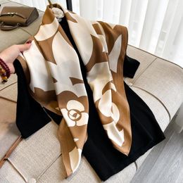 Scarves Fashion Luxury Printing 90 90CM Women Scarf Satin Twill Square Big Shawl Elegant Headscarf Camellia Soft Neck Tie Bandana