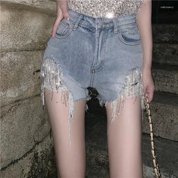 Women's Jeans Diamond Tassel Shorts Women Y2k Summer 2024 Korean Fashion Casual Ladies Ripped Denim Short Wide Pants Blue Female Bottoms