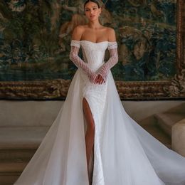 Luxury Sequins Mermaid Wedding Dresses Detachable Train Off Shoulder Long Sleeves Bridal Gown Sexy Side Split Vestido De Novia 2024