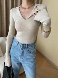 Women's Sweaters ENjoyce Women Vintage Large V-neck T-Shirt Sweater Pullovers Ladies Korean Style Slim Fit Knitwear Tops Spring Fall