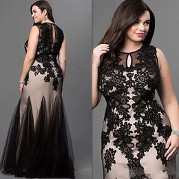 Tamanho Vestidos de sereia de champanhe preto e renda noturna Apliques sem mangas tule jóia calço calçada piso comprimento de baile formal vestido formal