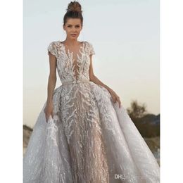 Syrenka Wspaniały ślub z cekinami Odłączane sukienki Orsarks koronkowe zastosowane vestidos de novia plus size soli rozmiar wiejskie suknie ślubne