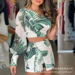 Women's Tracksuits Fashion Womens Short Sets Plant Printed Long Sleeved One Shoulder Tight Fitting 2 Piece Outfits