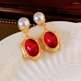 Dangle Earrings French Red Oval Pearl Imitation Geometric For Women Classic Retro Design Jewellery Banquet Accessories