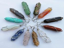 Natural mixed Stone Pendant for Necklace charm Handmade Wire Jewelry Quartz Crystal Tiger Eye Rose Stone Pendants 24pc1039576