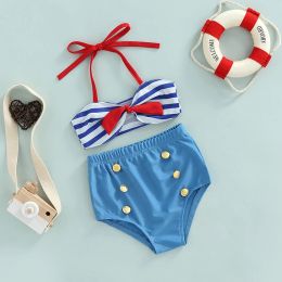 Swimwear 2Pcs Summer Swimsuit Baby Girls Split Bikini Set Fashion Infant Toddler Kids Girls Bowknot Button Ruffle Halter Swimwear