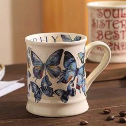 Tumblers 1pc French Style Coffee Mug Blue Butterfly Pattern Ceramic Cup Mothers Day Gift for Family Wife Unique Anniversary Gifts H240506