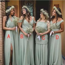 Dresses Chiffon Sage Green Bridesmaid A Line Halter Straps Floor Length Side Slit Plus Size Maid Of Honor Gown Country Wedding Formal Evening Wear Vestidos