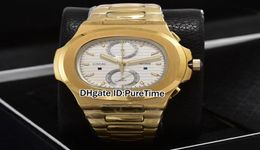 New 5990 Yellow Gold White Texture Dial Miyota Quartz Chronograph Mens Watch Sports Watches Stopwatch Stainless Steel High Quality7538225