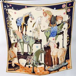 2024 new Silk Scarf Women Eight War Horses Printing Square Scarves Fashion Head Echarpes Silk Foulards Femme Wraps Beach Shawls Bandana Lady Hijabs 70CM X 70CM