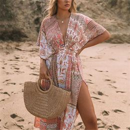 Women Beach Wear 2022 Loose Boho Maxi Dress Ethnic Style Printed Swimsuit Cover-up Bohemian Dress Robe Plage Kaftan Long Dress Beach Wear Tunics Y240504