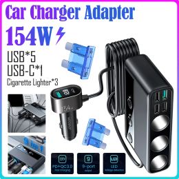 Bulbs 154W 9 in 1 Car Charger Adapter PD 3 Socket Charging Car Power Adapter Charge Independent Switches LED Voltage Display for Auto