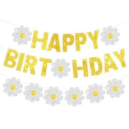 Banner Flags Gold Silver Daisy Happy Birthday Banner White Flower Garland Birthday Party Decorations Kids Baby Shower Hanging Flag Supplies