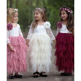 New Long Sleeves Flower 2020 Girls' Dresses Lace Tiered Tulle Skirt Ankle Length Jewel Neck Kids Formal Birthday Party Wear Custom Made